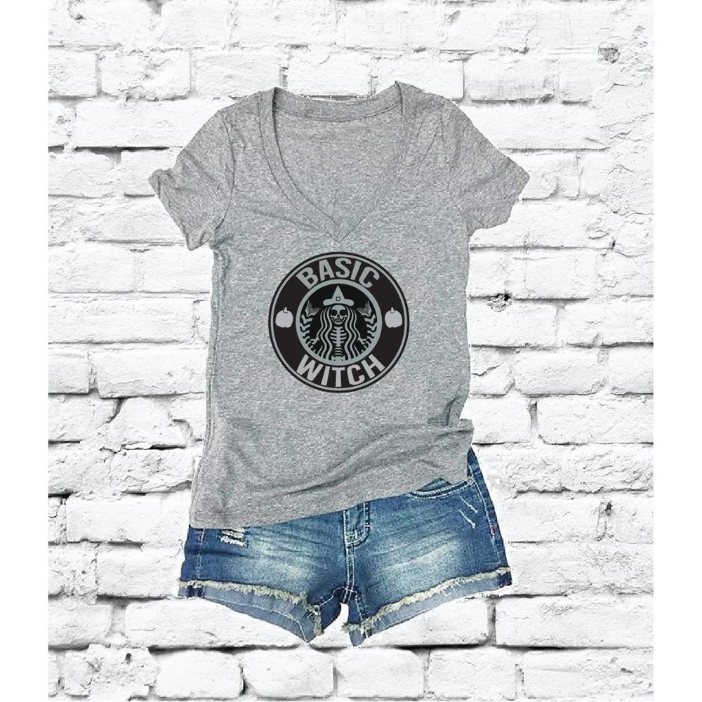 Basic Witch Print Women's V-Neck T-shirt